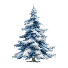 Fototapeta premium Snow-Covered Evergreen Tree with Icicles Isolated on White Transparent background