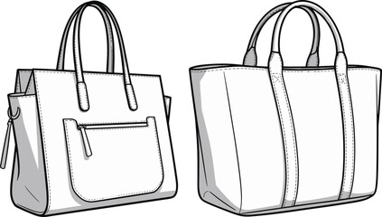 3D tote bag front and back angled view, fashion handbag technical illustration, zip pocket shoulder bag mockup vector, designer accessory sketch template