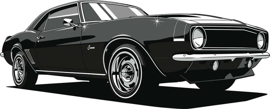 A sleek black and white muscle car is isolated on white background, showcasing the iconic design and powerful presence of classic american automobiles
