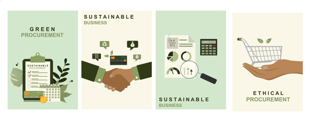 Sustainable business procurement posters set. Green ethical purchasing process. Corporate responsibility supply chain management poster for presentations and marketing materials. Vector illustration