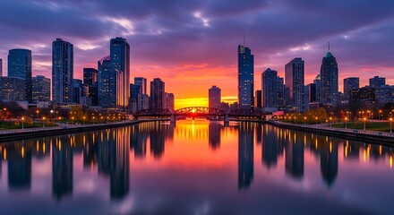 Fototapeta premium Cityscape sunset over river with bridge and skyscrapers image