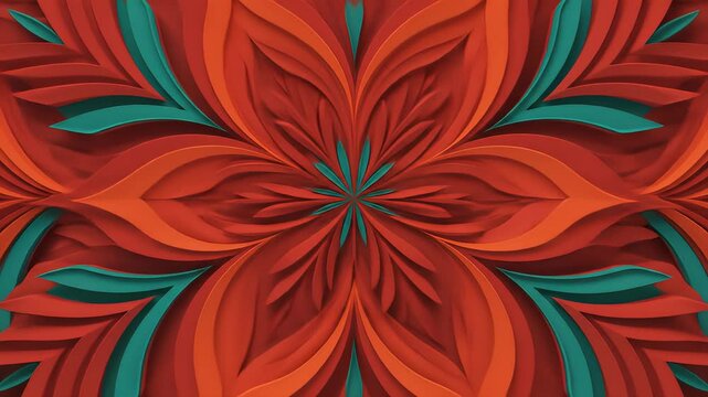 Abstract symmetrical mandala with layered red and green petal patterns radiating with depth