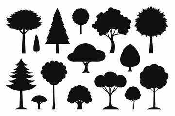 Collection of black silhouettes various tree types