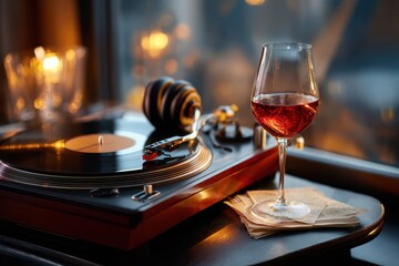 Obraz premium Vinyl record player with a glass of wine in a cozy setting during evening hours