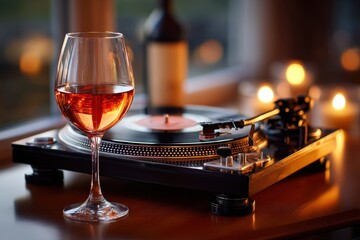 Enjoying a glass of rosé wine while listening to vinyl records in a cozy ambiance with candles