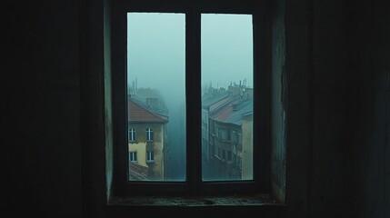 Window View of Misty City Street on Overcast Day
