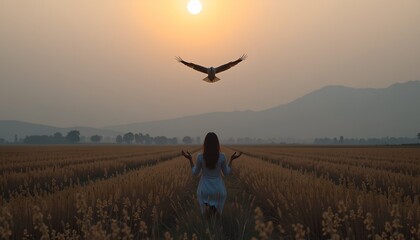 imagine a striking art piece captured in a minimalist style, showcasing a scene of profound serenity and liberation, the position centers on a woman in prayer, her silhouette gentle and serene