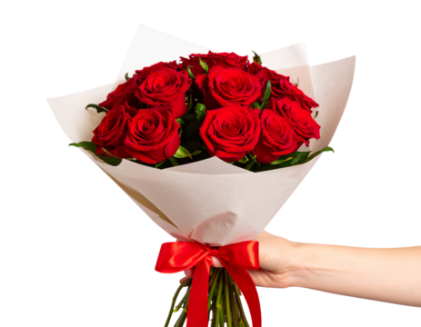  Handheld Red Roses Bouquet with Elegant Wrapping and Flowing Ribbon, isolated on transparent background PNG