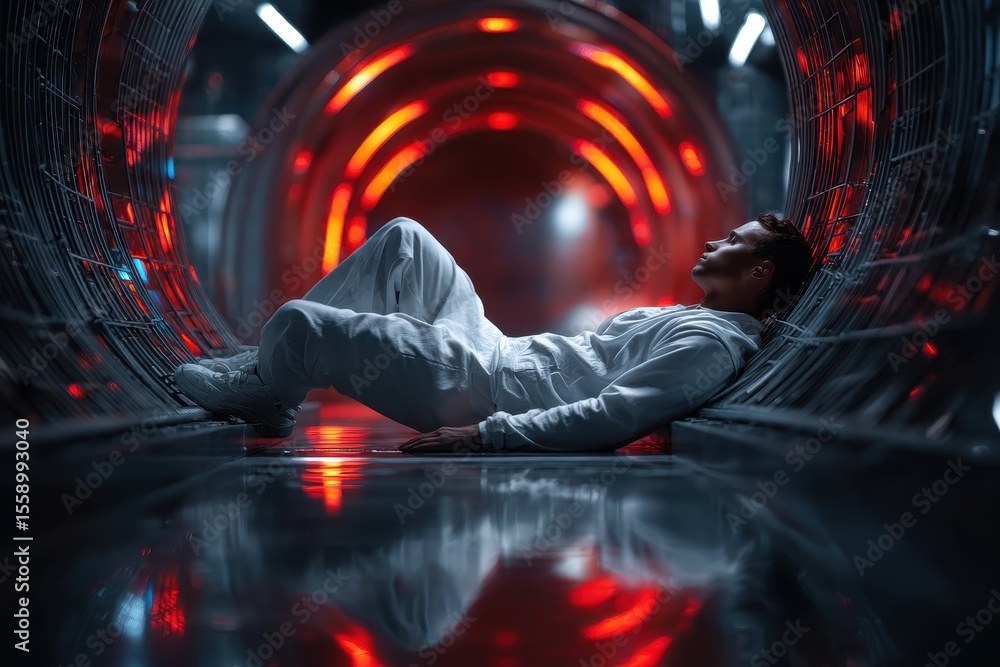 Aufkleber man in a futuristic tunnel resting in a reflective environment with glowing red lights and sleek met