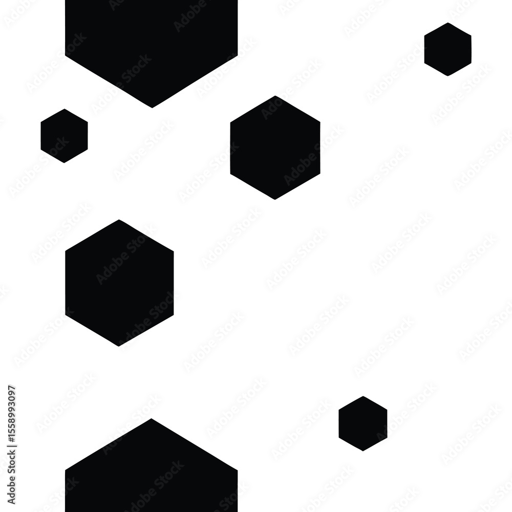 Poster abstract black hexagons randomly scattered across a white background design