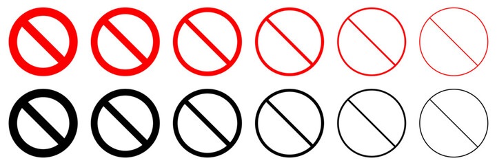 Collection of prohibition and no entry icons in red and black outline styles. Circular stroke designs for warning, restriction, and forbidden concepts. Icons, vector.
