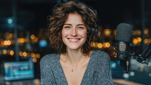 Modern vlogger engages audience live with AI android co-host in sleek chrome and glass studio - Powered by Adobe