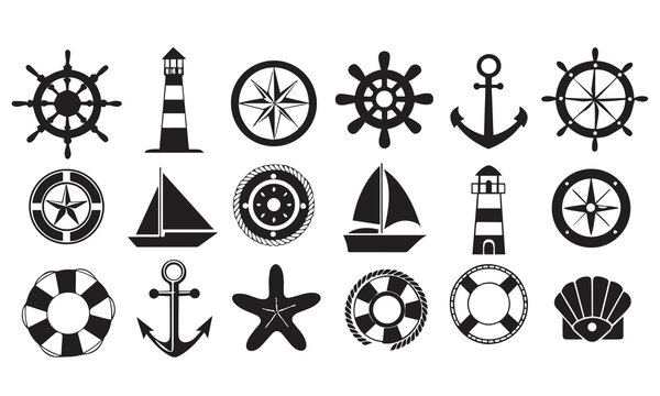 Collection of nautical vector icons featuring a ship, anchor, compass, lighthouse, dolphin, sailboat, fish, wheel, and life preserver