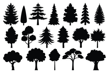 Collection of black silhouettes various trees nature forest