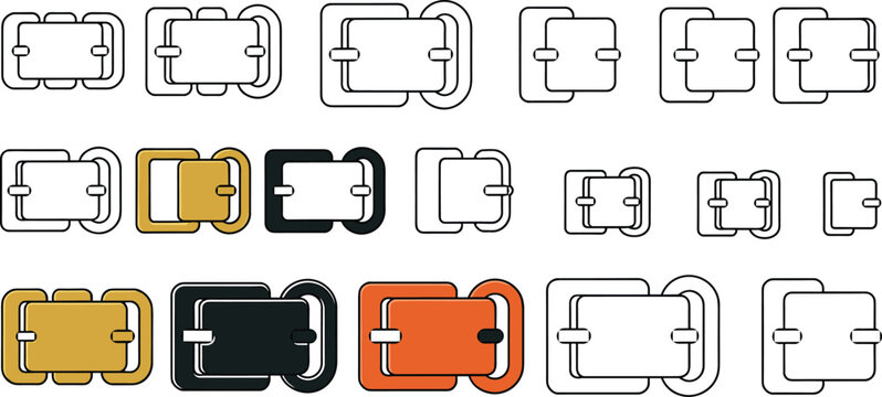 Vector belt buckle set, fashion accessory hardware, outline and colored styles, metal clasp collection, digital illustration for garments, bags, straps, belts.