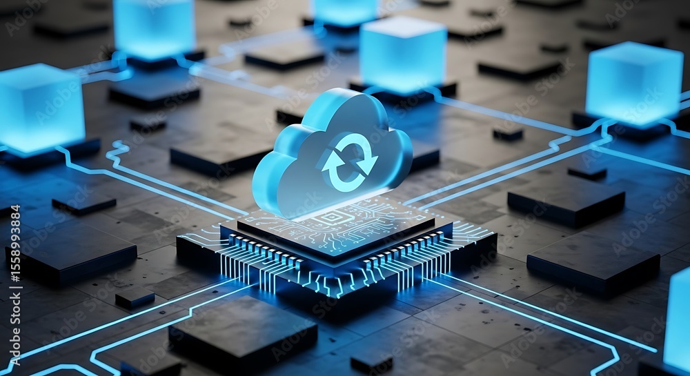 Poster digital cloud computing network with glowing blue connections technology data