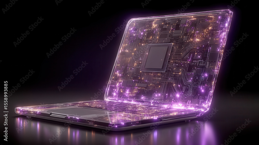Poster futuristic laptop concept with neural processor and glowing ai circuits showcases portable technolog