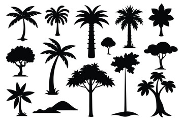 Fototapeta premium Collection of black silhouettes various tropical trees and plants