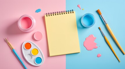 A yellow notepad sits among paint jars, brushes, and a paint palette on a pink and blue background