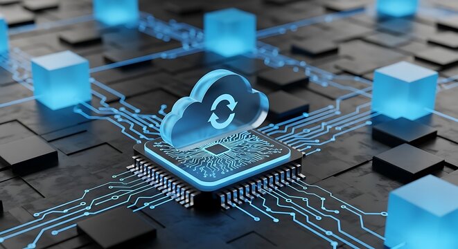 Digital cloud computing network with glowing blue circuits technology data