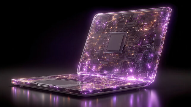 Futuristic laptop concept with neural processor and glowing AI circuits showcases portable technology innovation