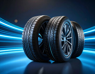 Two Black Tires with Alloy Wheels on Dark Reflective Surface with Blue Speed Lines