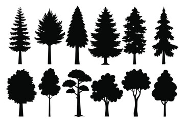 Collection of black silhouettes various trees nature forest