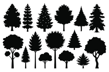 Collection of black silhouettes various trees nature forest