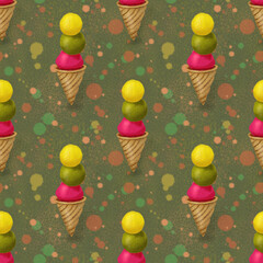 Summer pattern with  ice cream. Digital  painting