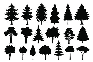 Collection of black silhouettes various tree types