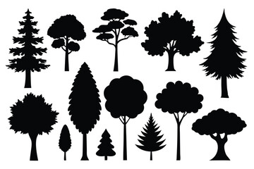 Collection of black silhouettes various tree types