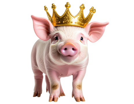 Happy Piglet Standing Upright Wearing a Golden Crown, isolated on transparent background PNG