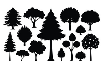 Collection of black silhouettes various trees nature forest