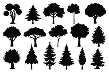 Collection of black silhouette trees various shapes and sizes