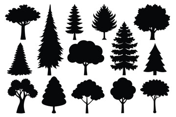 Collection of black silhouettes various trees nature forest