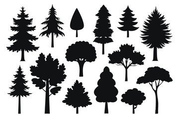 Collection of black silhouettes various trees nature forest