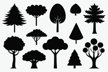 Collection of black silhouettes various tree types