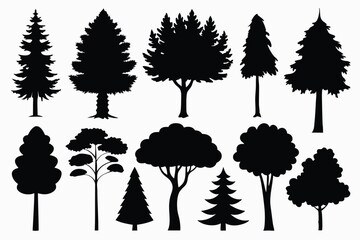 Collection of black silhouettes various tree types forest nature