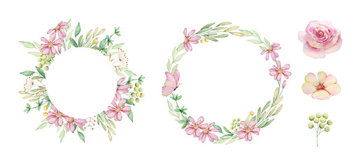 Elegant Floral decoration frames with watercolor pink flowers and green leaves