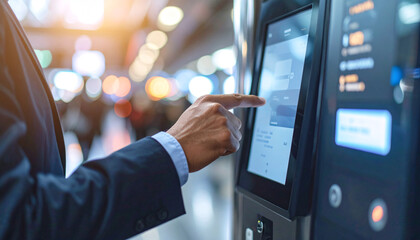 Navigating Technology: A person, finely dressed in a suit, engages with a futuristic touchscreen interface, symbolizing innovation and progress in an environment bathed in natural light. 
