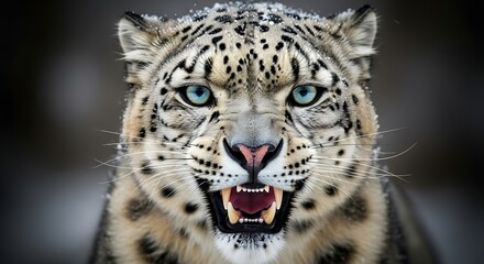 A snow leopard's intense close-up portrait, revealing its striking blue eyes and bared teeth against a dark background.