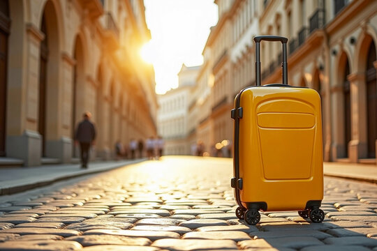 Yellow luggace on cobblestone street, travel and adventure holiday, sunset time