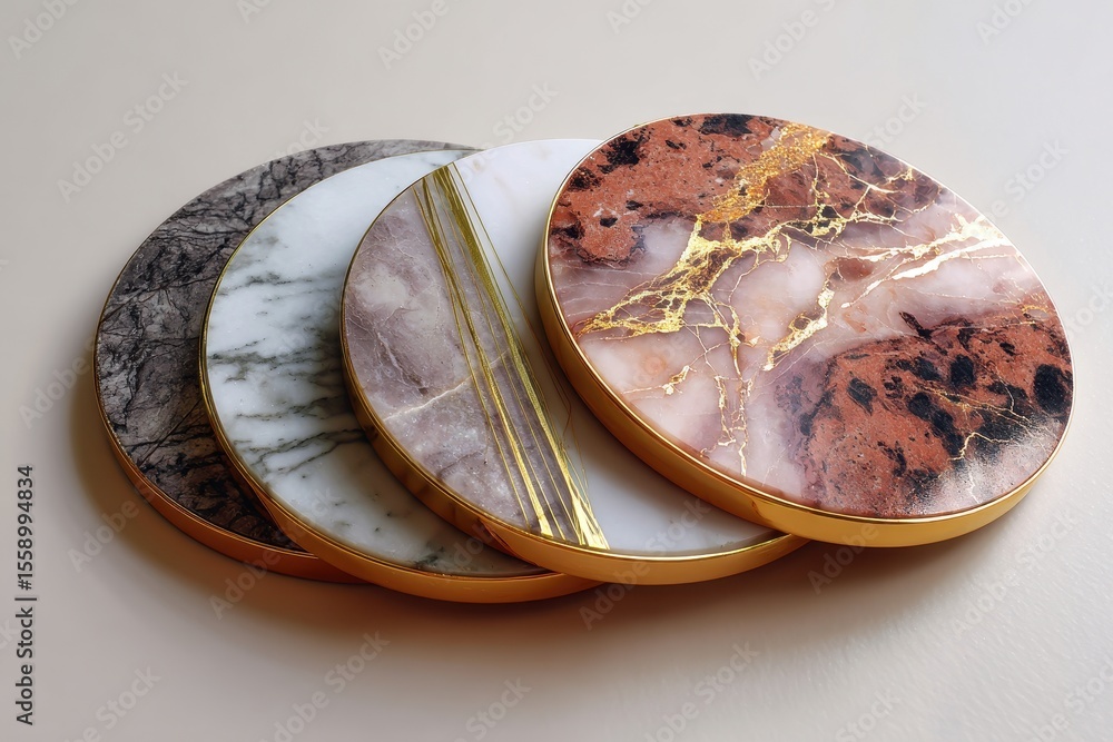 Poster collection of elegant coasters with marble patterns and gold accents displayed on a neutral backgrou