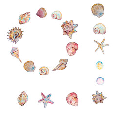 Watercolor  seashells and starfish frame with copy space for text, underwater