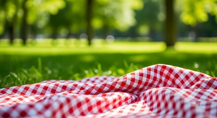 Red and white checkered picnic blanket on green grass checkered pattern gingham