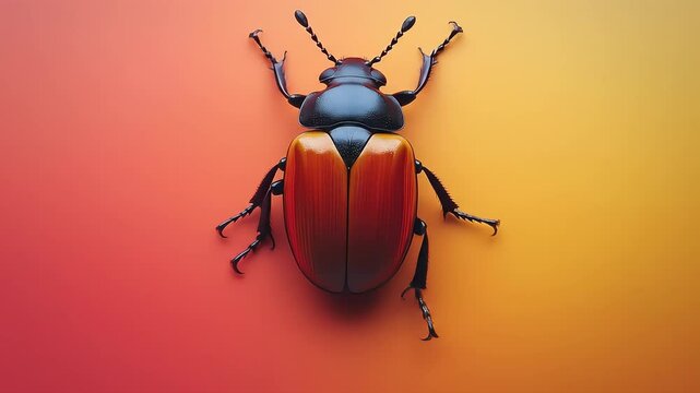 Beetle with reddish-orange elytra and black body centered on red to yellow gradient in bold macro composition
