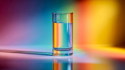A glass cylinder on the table, reflection of light and shadow, gradient background