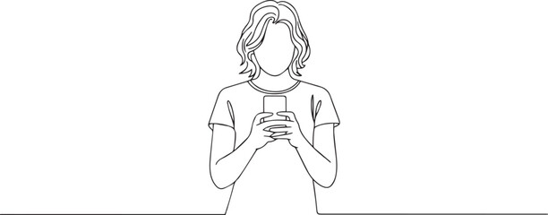 Fototapeta premium continuous one-line drawing of a young woman looking at smartphone in calm, introverted modern digital moment