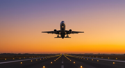 "Commercial Jet Taking Off at Sunrise with Illuminated Runway Lights"