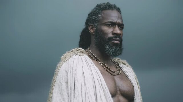 African american man with dreadlocks in white robe against misty background. Shirtless male portrait. Mystical atmospheric concept for spiritual or historical video